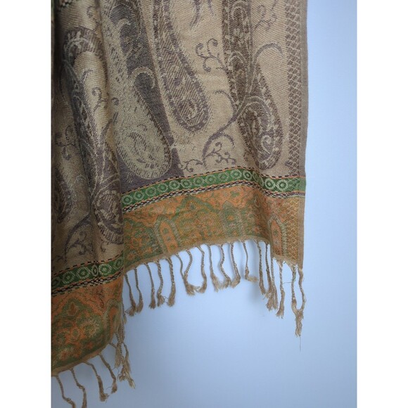Paisley Pashmina & Silk Scarf Shawl Wrap One Size Elegant Sage Green/Orange - Picture 5 of 10